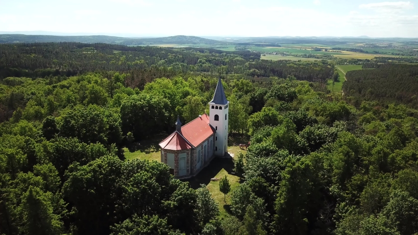 Aerial view of observation tower on Krizovy vrch. Popular tourist destination and old pilgrimage place in West Bohemia, Czech republic, European union.