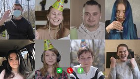 Caucasian people having fun in video chat. Multiscreen of joyful men and women celebrating colleague's birthday distantly. Covid-19 lockdown, modern communication, self-isolation, lifestyle.