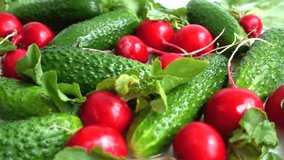 Cucumbers and radish in water spray. Slow motion. - Powered by Shutterstock - Get 15% off with code: PIKWIZARD15