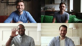 Four happy diverse young casual men making video call. People looking at camera, talk online working from home. Group of friends using online app for remote conference or webinar. Virtual meeting