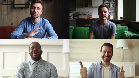 Four happy diverse young casual men making video call. People looking at camera, talk online working from home. Group of friends using online app for remote conference or webinar. Virtual meeting