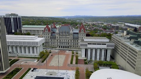Albany, New York / United States - May 14 2020: Aerial Footage of the Albany empire state plaza, revealing eagle street.