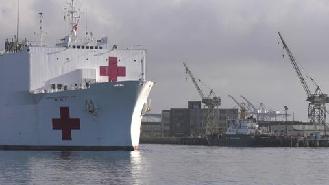 2020 CALIFORNIA USA: May 15. U.S. Navy hospital ship USNS Mercy departing the Port of Los Angeles for San Diego. During its stay it provided 1000 hospital beds for non Coronavirus COVID-19 patients. 