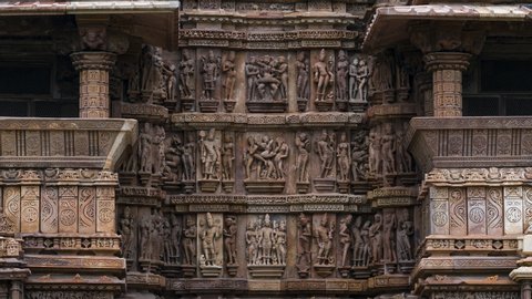 Erotic sculptures at the Parshvanatha temple, within the Khajuraho Group of Monuments in the Chhatarpur district, Madhya Pradesh, India, Asia
