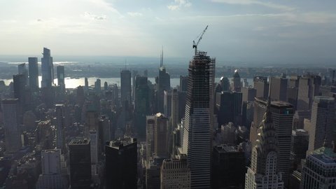 NEW YORK - CIRCA 2020 - An aerial view shows skyscrapers off 42nd Street with the Vanderbilt building seen under construction.