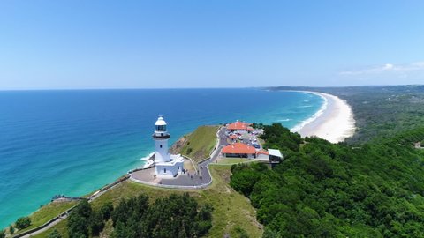 NEW SOUTH WALES, AUSTRALIA - CIRCA 2020 - An aerial view shows the Cape Byron Lighthouse in New South Wales, Australia.