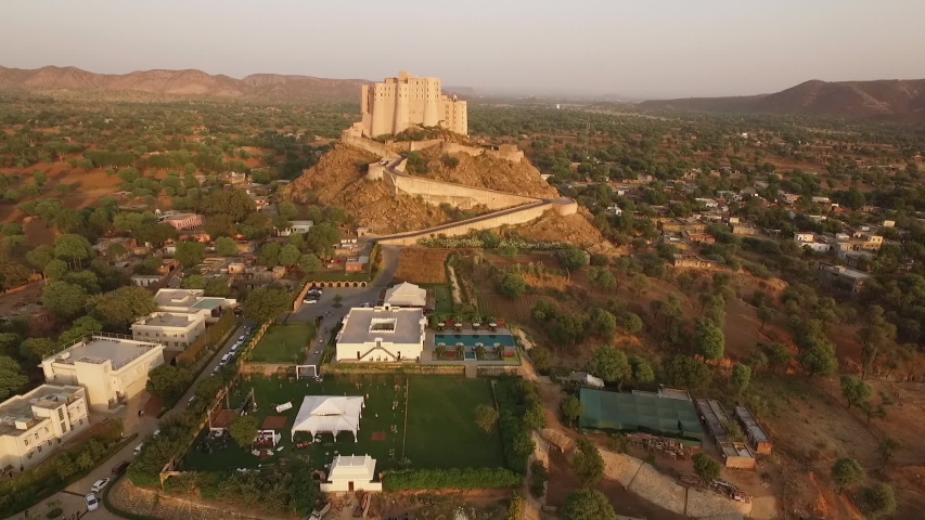JAIPUR, RAJASTHAN, INDIA - CIRCA 2020 - An aerial view shows the Alila Fort Bishangarh in Jaipur, Rajasthan, India.