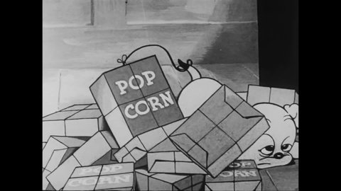 CIRCA 1937 - In this animated film, Pudgy the puppy is chased out of a burning building with flames popping the corn attached to his tail.