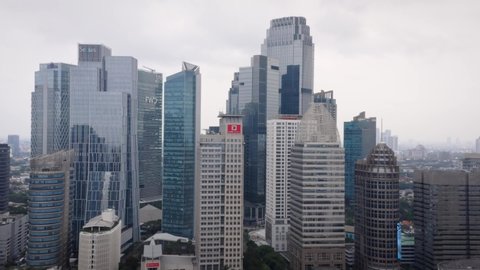 Jakarta, Indonesia - 01/12/2020 : Drone Shot of Jakarta Skyscraper. Mandiri Twin Tower, CIMB Niaga Tower
