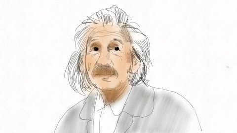 Albert Einstein sticks his tongue out.  Portrait sketch hand drawn animation.
