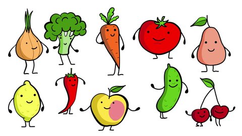 Cartoon animation set dancing fruits and vegetables isolated on white background. 4k food backdrop