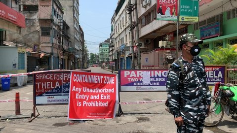 Assam, India. 16 May 2020. A road in Fancy Bazar sealed and declared containment zone, after a person was tested positive for novel coronavirus, during the ongoing nationwide COVID-19 lockdown.