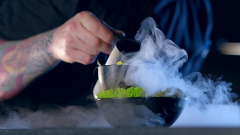 bartender is preparing an exclusive drink
chef pours liquid nitrogen into a drink and moss for the decoration cocktail
Professional chef and Molecular cuisine
close-up shot 4.6K