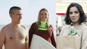 Happy people enjoying surfing on beach. Woman holding bag with food, shopping in supermarket. Multiscreen montage, collage portraits. Lifestyle concept