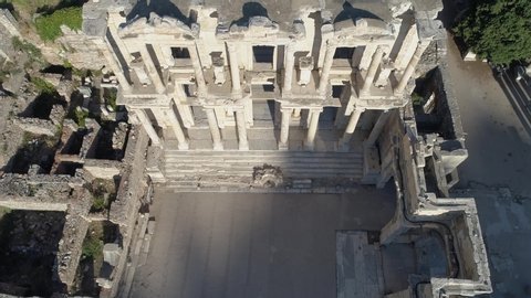 Drone flying over the Ancient Greek city of Ephesus on the coast of Ionia, Selcuk, Izmir province, Turkey