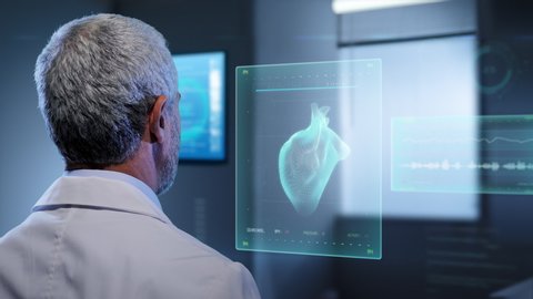 future medical  technology,doctor looking at augmented reallity virtual touchscreen display showing 3d graphics of brain heart and human body

