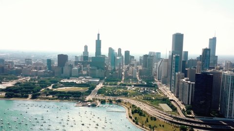 Drone Aerial view of Chicago, sunny day view on Millenium park V3