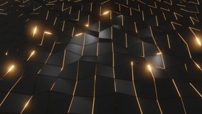 Abstract 3d animation of moving surface. Black and gold color. HD motion background. Modern trendy design. Luxury black and gold. 20s style. Golden metallic lines. Geometric polygonal wallpaper.