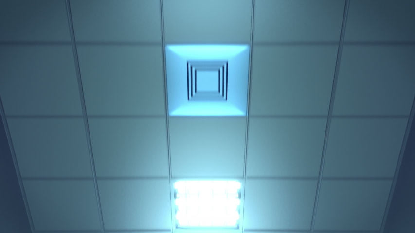 Hospital corridor ceiling, camera moving forward, looping 3D animation
