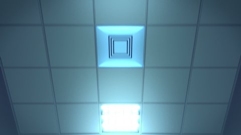 Hospital corridor ceiling, camera moving forward, looping 3D animation
