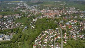 Aerial view of the city Hechingen in spring during the coronavirus lockdown.