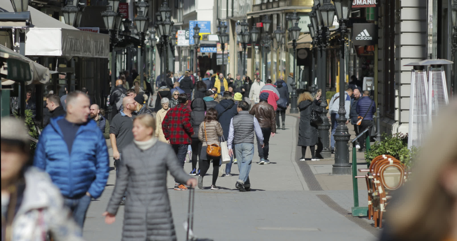Budapest, Hungary, March 12, 2019: Time-Lapse showing People walking in a Pedestrian Zone, Váci Street