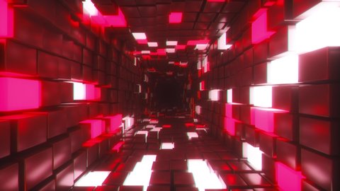 Abstract flying in futuristic corridor, seamless loop 4k background, fluorescent ultraviolet light, glowing colorful neon cubes, geometric endless tunnel, red spectrum, 3d render