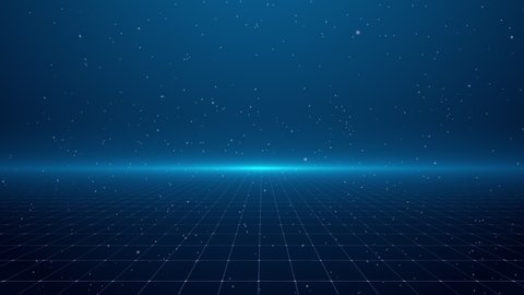 Perspective Grid. Abstract background shining blue floor ground particles stars dust with flare. Futuristic glittering in space on black background.