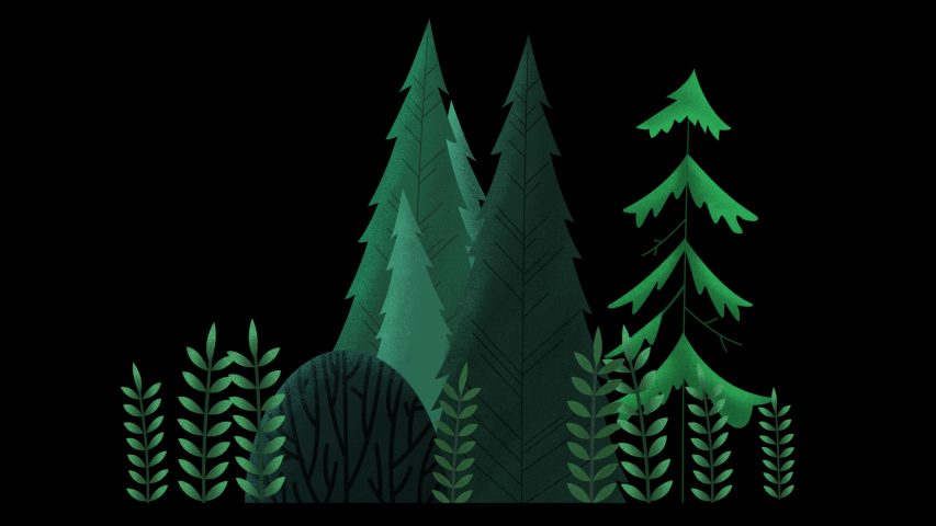 Seamless loop. Group of evergreen trees, grass and bushes swinging in wind. Light green colors. Animated vector illustration with brushes isolated on black background with alpha luma matte.