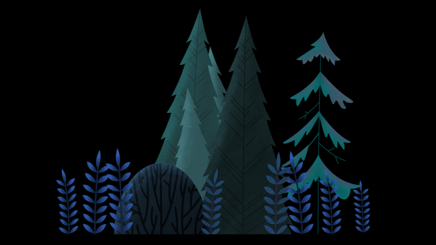 Seamless loop. Group of evergreen trees, grass and bushes swinging in wind. Blue ans green misty night. Animated vector illustration with brushes isolated on black background with alpha luma matte.