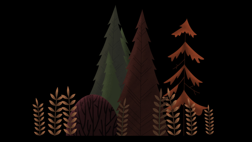 Seamless loop. Group of evergreen trees, grass and bushes swinging in wind. Autumn orange and brown. Animated vector illustration with brushes isolated on black background with alpha luma matte.