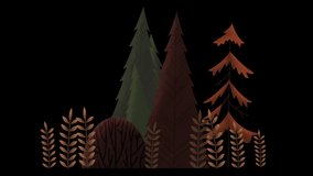 Seamless loop. Group of evergreen trees, grass and bushes swinging in wind. Autumn orange and brown. Animated vector illustration with brushes isolated on black background with alpha luma matte.