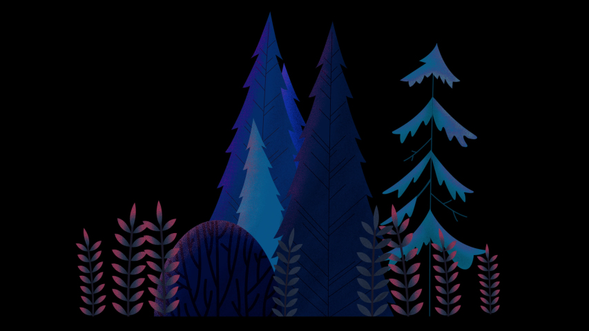 Seamless loop. Group of evergreen trees, grass and bushes swinging in wind. Blue misty night. Animated vector illustration with brushes and texture isolated on black background with alpha luma matte.