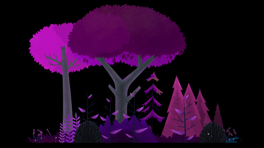 Seamless loop. Group of trees, bushes and grass swinging in wind. Purple and pink misty night. Animated vector illustration with brushes isolated on black background with alpha luma matte.