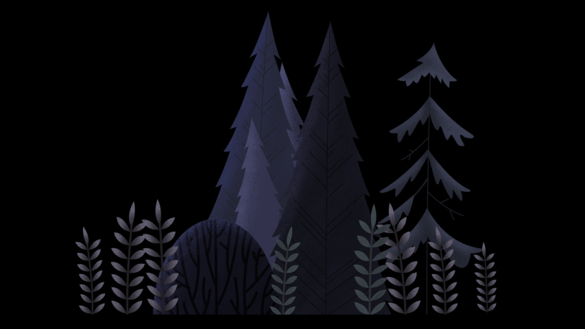 Seamless loop. Group of evergreen trees, grass and bushes swinging in wind. Pale grey colors at night. Animated vector illustration with brushes isolated on black background with alpha luma matte.