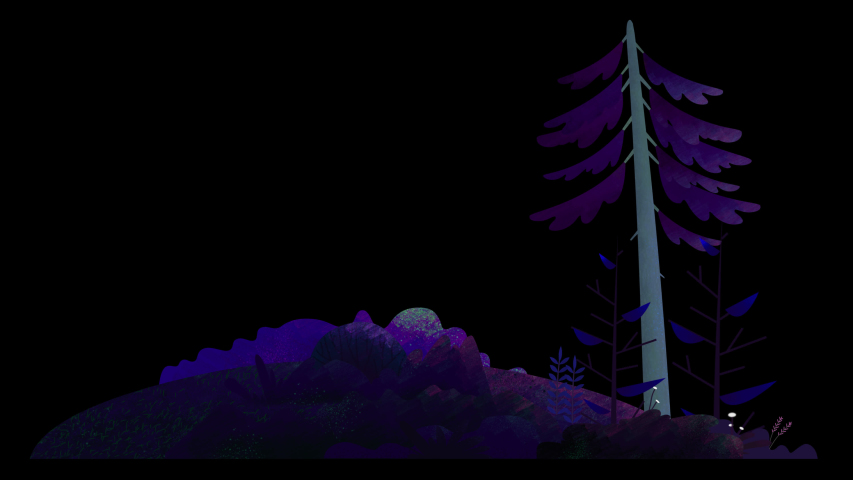 Seamless loop. Pine tree, bushes, flowers and grass on a hill swing in the wind. Purple misty night. Animated vector illustration with brushes isolated on black background with alpha luma matte.