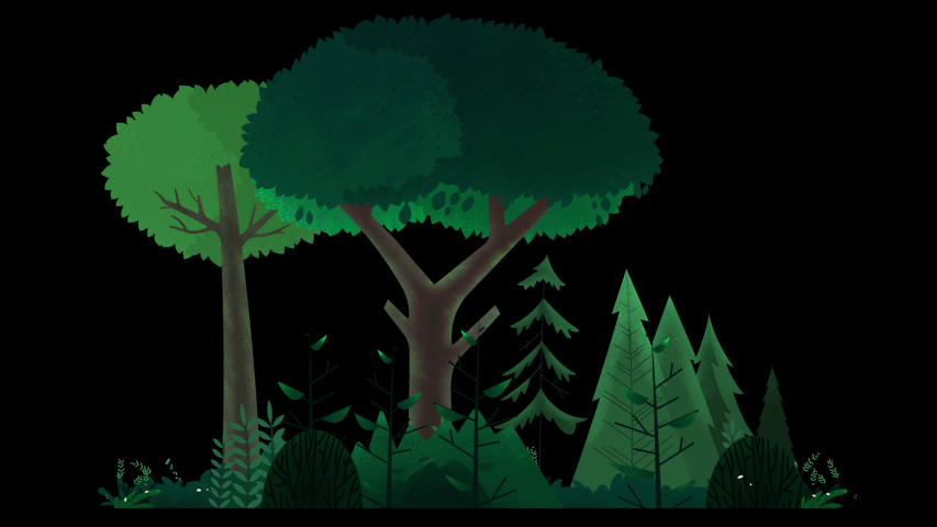 Seamless loop. Group of trees, bushes and grass swinging in wind. Sunny green summer day. Animated vector illustration with brushes isolated on black background with alpha luma matte.