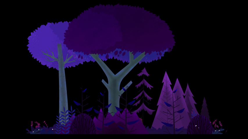 Seamless loop. Group of trees, bushes and grass swinging in wind. Purple misty night. Animated vector illustration with brushes isolated on black background with alpha luma matte.