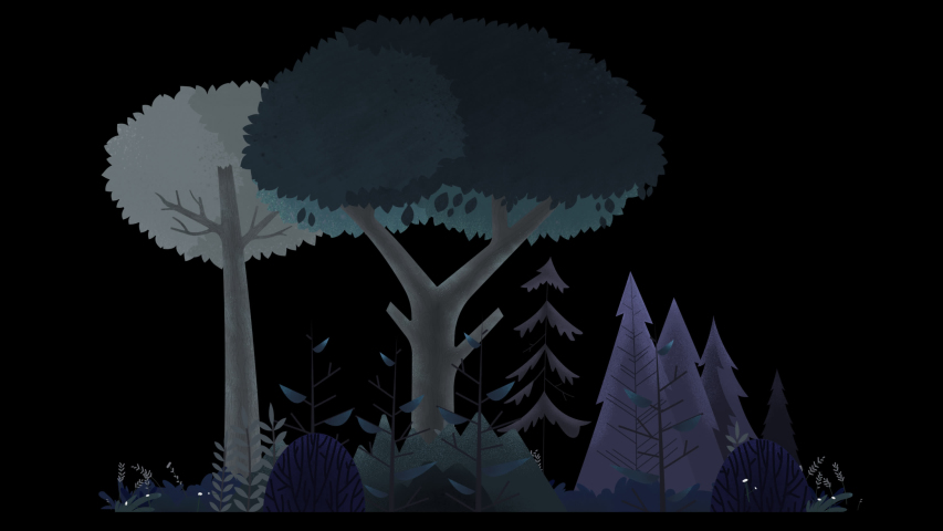 Seamless loop. Group of trees, bushes and grass swinging in wind. Pale grey colors at night. Animated vector illustration with brushes isolated on black background with alpha luma matte.