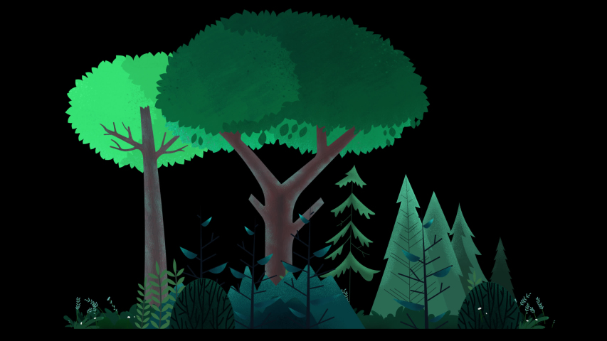 Seamless loop. Group of trees, bushes and grass swinging in wind. Light green nature. Animated vector illustration with brushes isolated on black background with alpha luma matte.