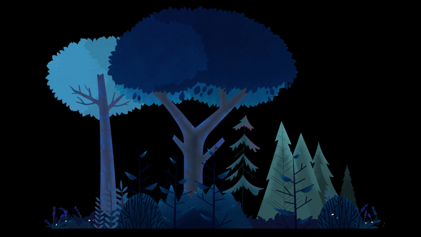Seamless loop. Group of trees, bushes and grass swinging in wind. Blue misty night. Animated vector illustration with brushes isolated on black background with alpha luma matte.