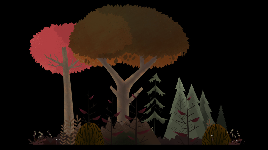 Seamless loop. Group of trees, bushes and grass swinging in wind. Autumn orange, red and brown. Animated vector illustration with brushes isolated on black background with alpha luma matte.