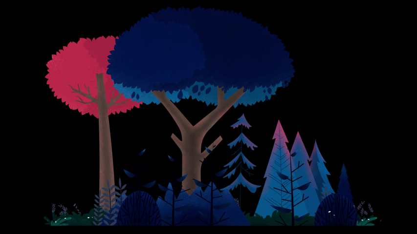 Seamless loop. Group of trees, bushes and grass swinging in wind. Blue and pink colors. Animated vector illustration with brushes isolated on black background with alpha luma matte.