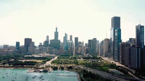Drone Aerial view of Chicago, sunny day view on Millenium park V4