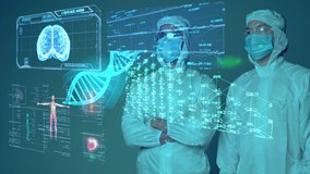Medical doctor scientist COVID vaccine researcher wearing mask and suit with smart mobile virus analysis, medical laboratory IoT technology AI mobile health care digital futuristic presentation. - Powered by Shutterstock - Get 15% off with code: PIKWIZARD15