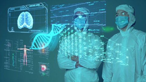 Medical doctor scientist COVID vaccine researcher wearing mask and suit with smart mobile virus analysis, medical laboratory IoT technology AI mobile health care digital futuristic presentation.