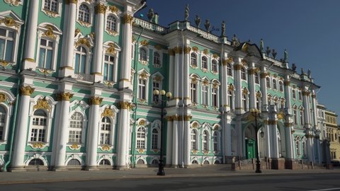 Gimbal approach Winter Palace facade St. Petersburg Russia best travel attraction. Hermitage royal decor. Stucco molding, columns. Historical city centre museum square downtown. Beautiful movement