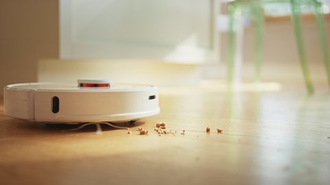 Ground Level Close-up Shot: Effective Robotics Vacuum Cleans Spots Cookie Crumbs on the Hardwood Floor Cleans everything Automatically. Internet of Things Automated Gadget. Blurred Side View Shot