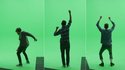 3-in-1 Split Green Screen Studio: Three Handsome Men of Diverse Ethnicity, Different Age Cheering, Dancing, Applauding and Celebrating Victory at Sport Event, Concert, Party. Back View Slow Motion