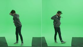 2-in-1 Green Screen Collage: Handsome Smiling Young Man Wearing Casual Clothes Dances. Front View Medium Camera Shot. Multiple Angle Best Value Package